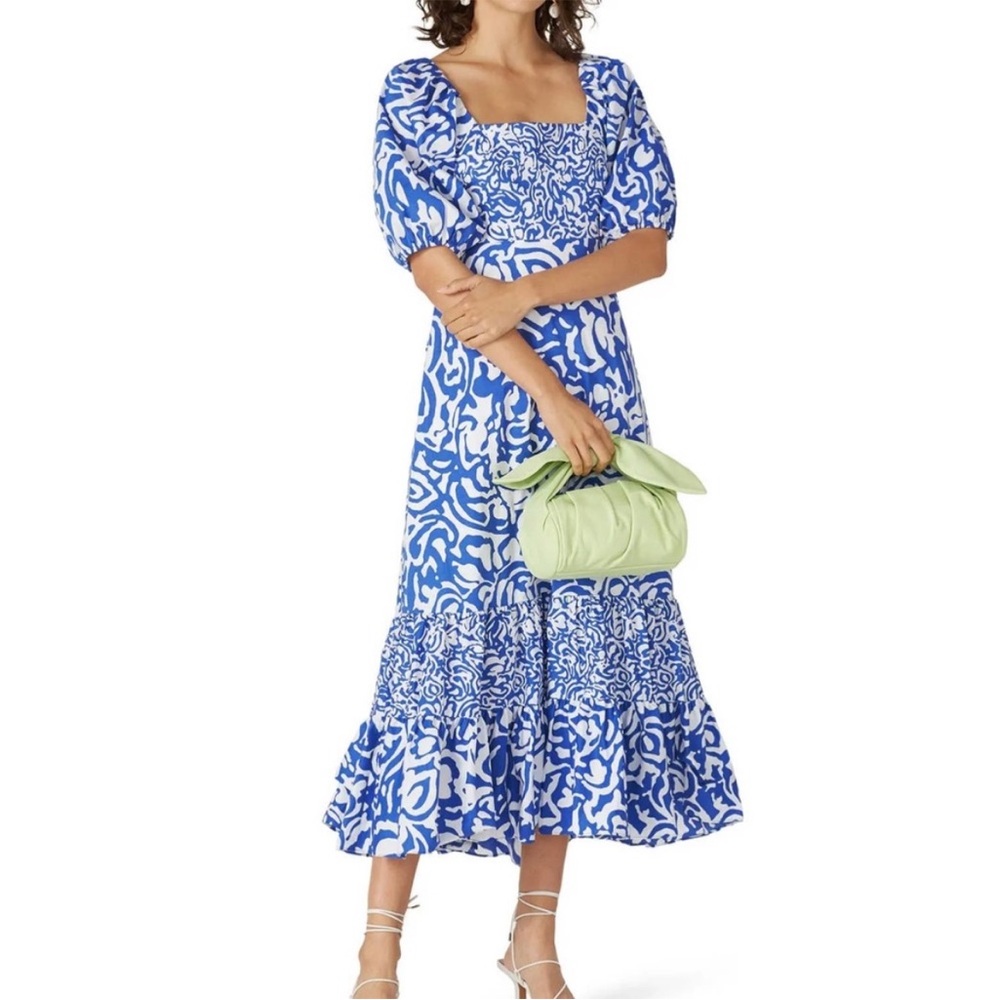 Tanya Taylor Cynthia Blue White Printed Poplin Tie Back Puff Sleeve Midi Dress